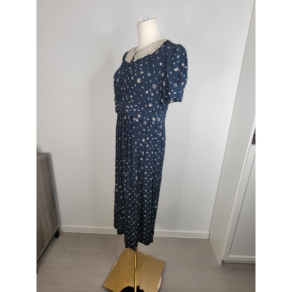 Karin Stevens Navy Vtg Geometric Print Midi Dress Lace Collar Beaded Vintage 10 - Picture 8 of 16